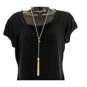 Skinny by Jessica Elliot Necklace Blue Rosary Bead Glass Bead Y Drop Tassel